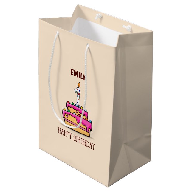 Custom Name, 1st Birthday, Sweet Pink Cake Medium Gift Bag (Front Angled)