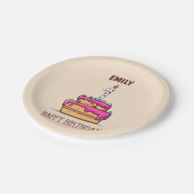 Custom Name, 1st Birthday, Sweet Pink Cake Paper Plates (Angled)