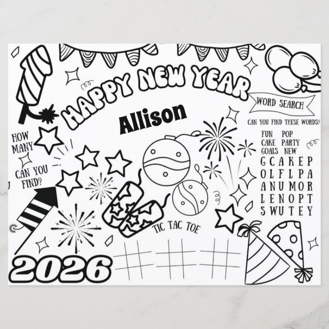 Custom Name 2026 New Years Coloring Page (Front)
