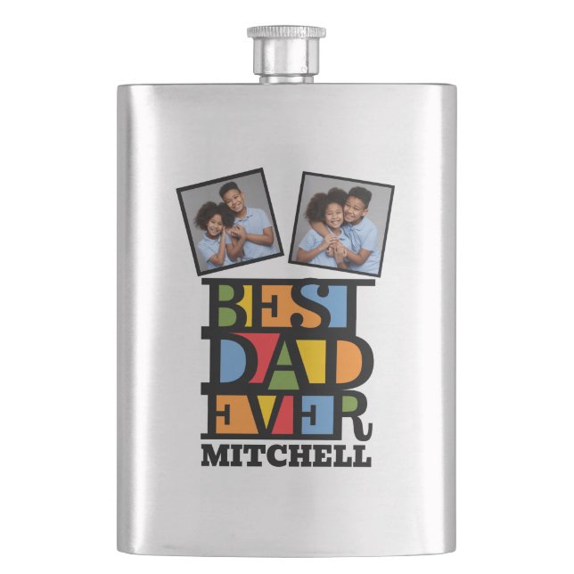 Custom Name & 2 Photos BEST DAD EVER Flask (Front)