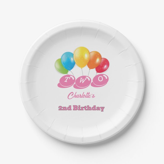 Custom Name 2nd Birthday Girl Paper Plates (Front)