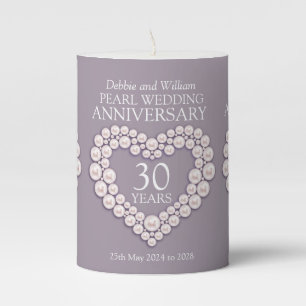 Custom name 30th pearl wedding anniversary pillar candle