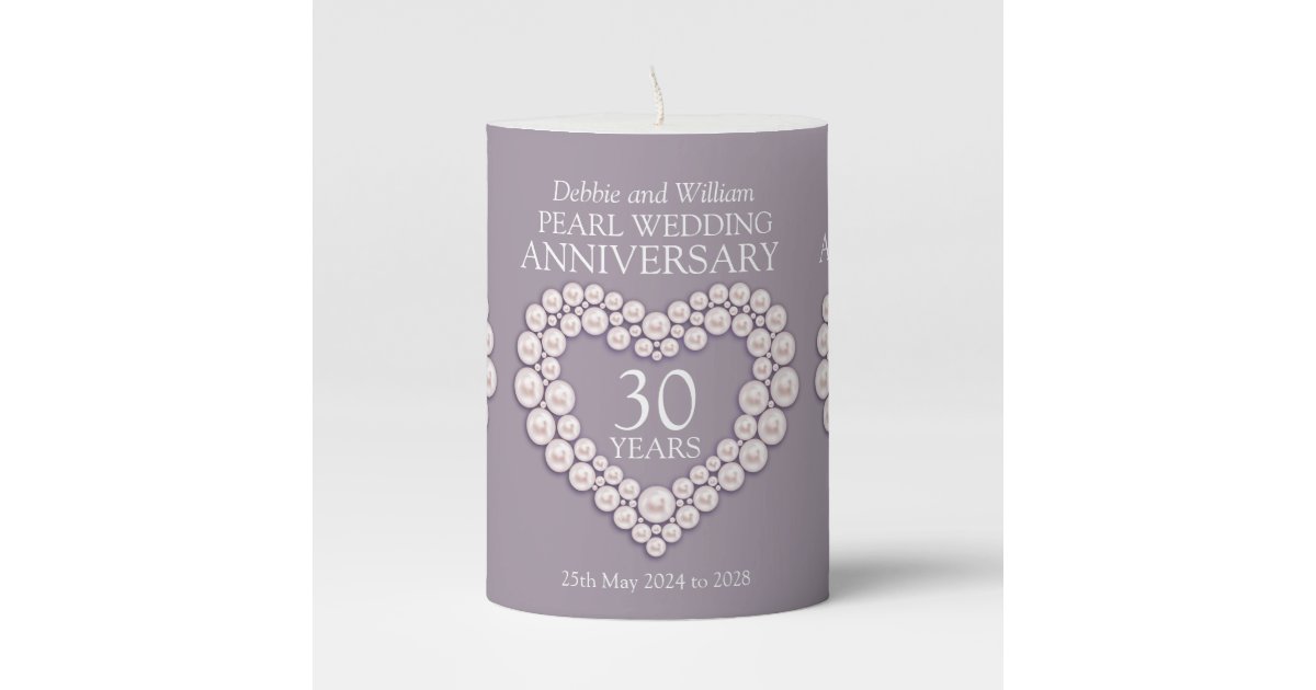 Custom name 30th pearl wedding anniversary pillar candle | Zazzle