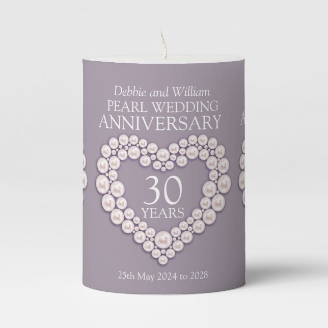 Custom name 30th pearl wedding anniversary pillar candle (Front)