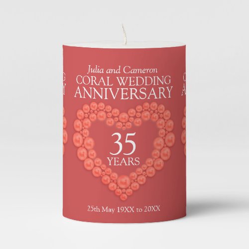 Custom name 35th coral orange wedding anniversary pillar candle