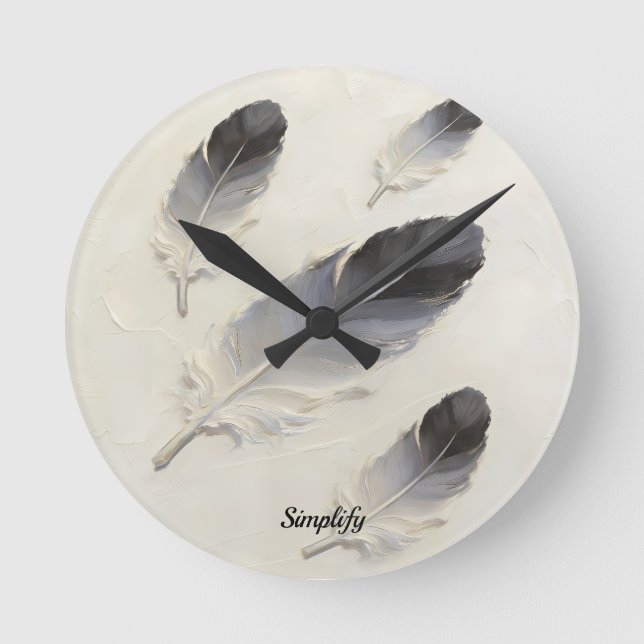 Custom Name 3D Black Grey Oil Feather Modern Round Clock (Front)