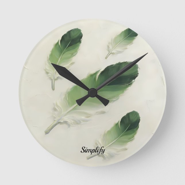 Custom Name 3D Green Feather Modern Clock⁠ Round Clock (Front)