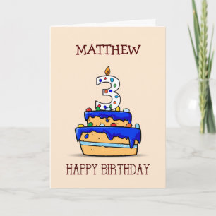 Custom Name, 3rd Birthday, 3 on Sweet Blue Cake Card