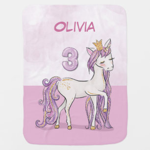 Custom Name 3rd Birthday Pink Horse With Crown Baby Blanket