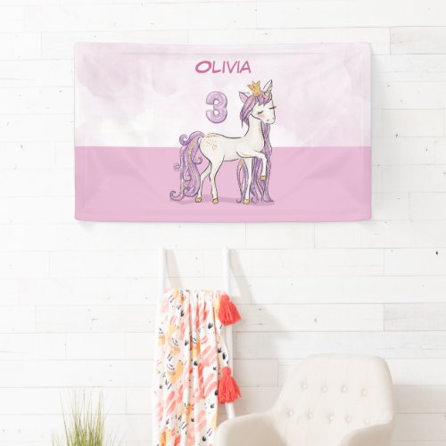 Custom Name 3rd Birthday Pink Horse With Crown Banner