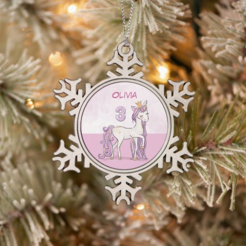 Custom Name 3rd Birthday Pink Horse With Crown Snowflake Pewter Christmas Ornament