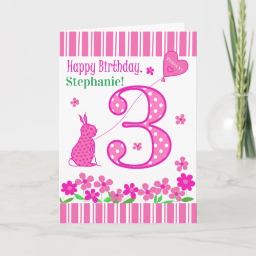 Custom Name 3rd Birthday with Pink Bunny Card