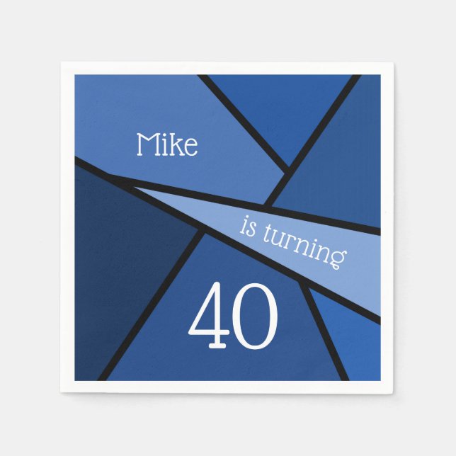 Custom Name 40th Birthday Abstract Blue Geometric Napkins (Front)