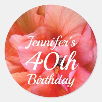 Custom Name 40th Birthday Orange Pink Flower Photo Classic Round Sticker