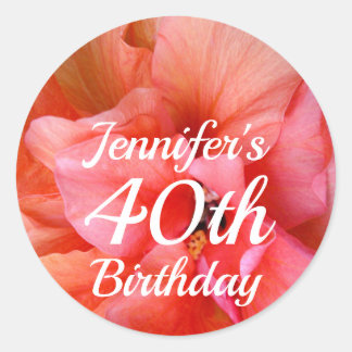 Custom Name 40th Birthday Orange Pink Flower Photo Classic Round Sticker