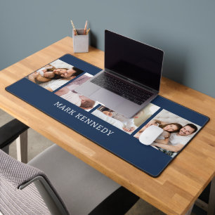 Custom Name 4 Photo Collage Personalized Blue Desk Mat