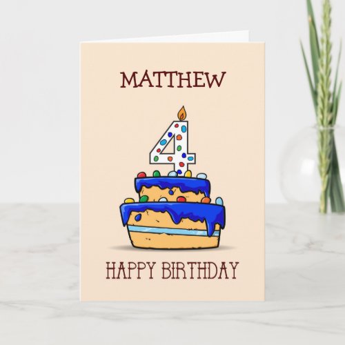 Custom Name 4th Birthday 4 on Sweet Blue Cake Card