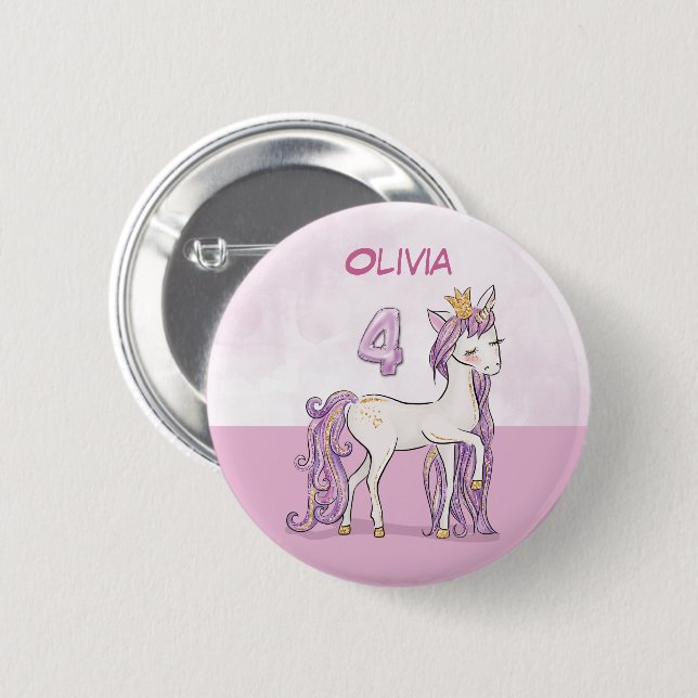 Custom Name 4th Birthday Pink Horse With Crown Button (Front & Back)