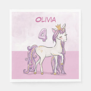Custom Name 4th Birthday Pink Horse With Crown Napkins