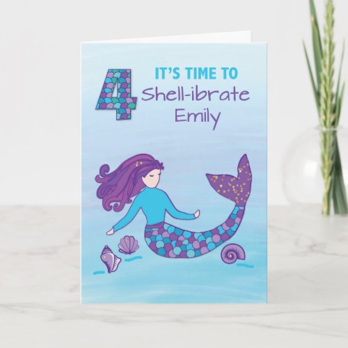 Custom Name 4th Birthday Sparkly Look Mermaid Card