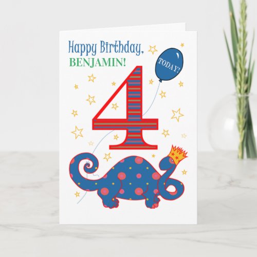 Custom Name 4th Birthday with Fun Dinosaur Card