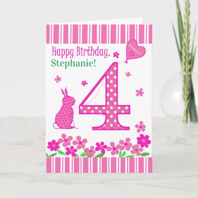 Custom Name 4th Birthday with Pink Bunny Card (Front)