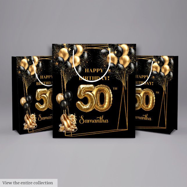 Custom Name 50th Birthday Gift Bag Black Gold (Custom Name 50th Birthday Gift Bag Black Gold)