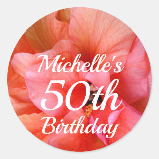 Custom Name 50th Birthday Orange Pink Flower Photo Classic Round Sticker