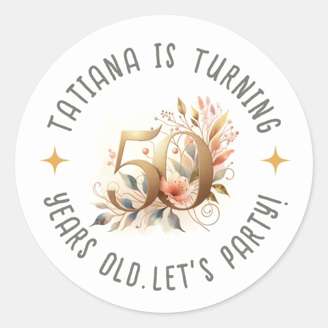 Custom Name 50th Birthday Party Celebration Floral Classic Round Sticker (Front)