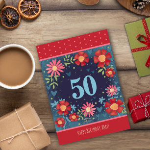Custom Name 50th Birthday Red Blue Floral Card