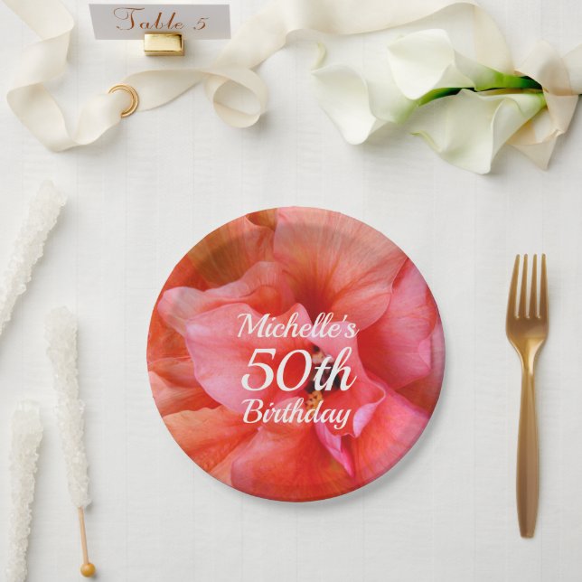 Custom Name 50th Birthday Tropical Flower Photo Paper Plates (Wedding)