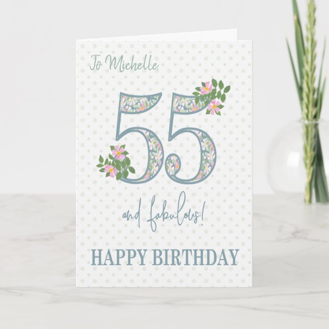 Custom Name 55th Birthday Floral and Polkas Card (Front)