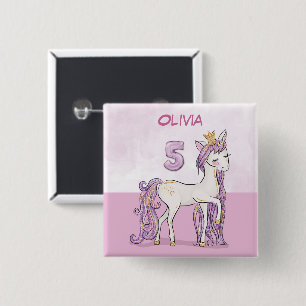 Custom Name 5th Birthday Pink Horse With Crown Button