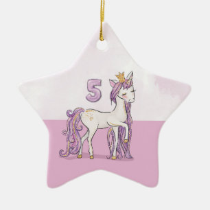 Custom Name 5th Birthday Pink Horse With Crown Ceramic Ornament