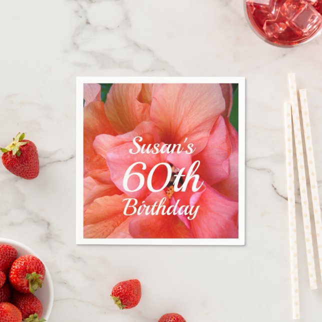 Custom Name 60th Birthday Tropical Flower Photo Napkins (Insitu)