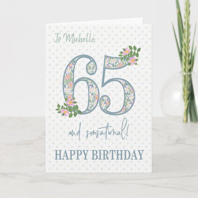Custom Name 65th Birthday Floral and Polkas Card (Front)
