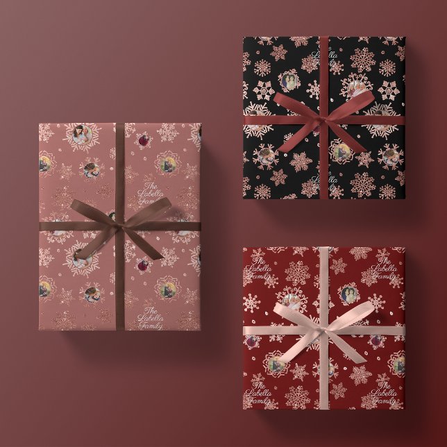 Custom Name + 6 Photo Rose Gold Glitter Snowflakes Wrapping Paper Sheets (Creator Uploaded)