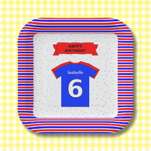 Custom name 6th birthday party red blue square paper plates