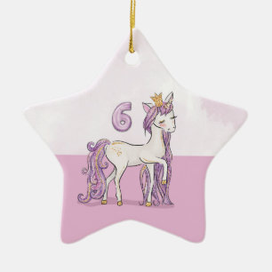 Custom Name 6th Birthday Pink Horse With Crown Ceramic Ornament