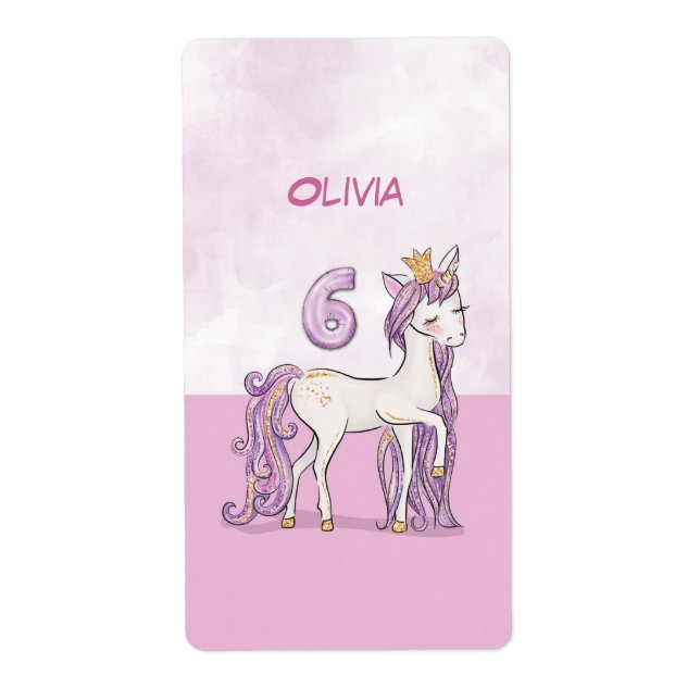 Custom Name 6th Birthday Pink Horse With Crown Label (Front)