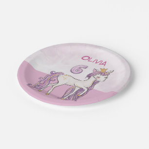 Custom Name 6th Birthday Pink Horse With Crown Paper Plates