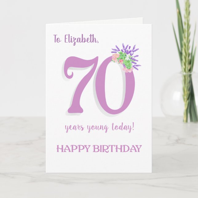 Custom Name 70th Birthday with Lavender Roses Card (Front)