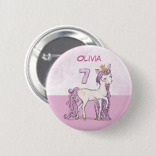 Custom Name 7th Birthday Pink Horse With Crown Button