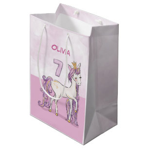 Custom Name 7th Birthday Pink Horse With Crown Medium Gift Bag