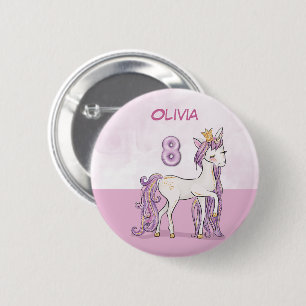 Custom Name 8th Birthday Pink Horse With Crown Button
