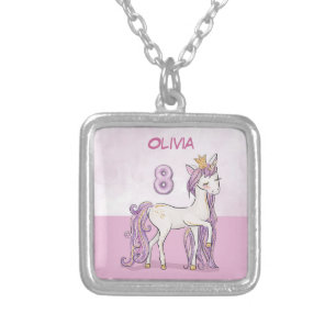 Custom Name 8th Birthday Pink Horse With Crown Silver Plated Necklace