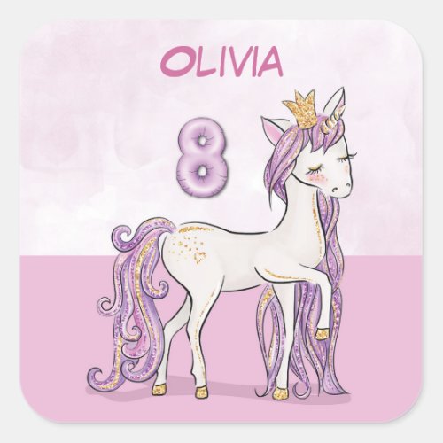 Custom Name 8th Birthday Pink Horse With Crown Square Sticker