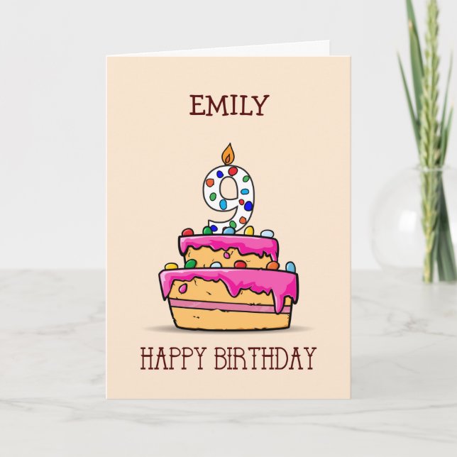 Custom Name, 9th Birthday, 9 on Sweet Pink Cake Card (Front)