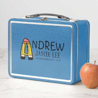 Custom Name A Pencil Design Blue Metal Lunchbox