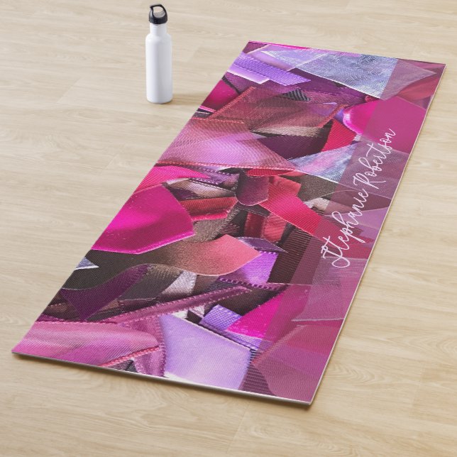 Custom Name Abstract 3D Effect Pink Red Ribbon  Yoga Mat (In Situ)